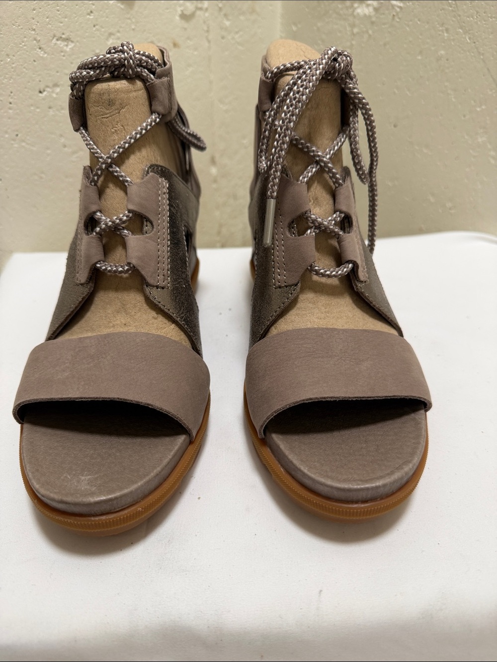 Women's Taupe Suede and Metallic Lace-Up Open-Toe Sandals